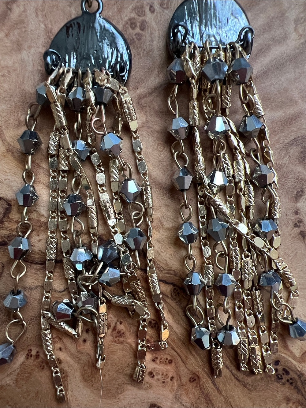 Black Crystal Round Top Gold-Tone Tassel Drop Earrings - Picture 5 of 6